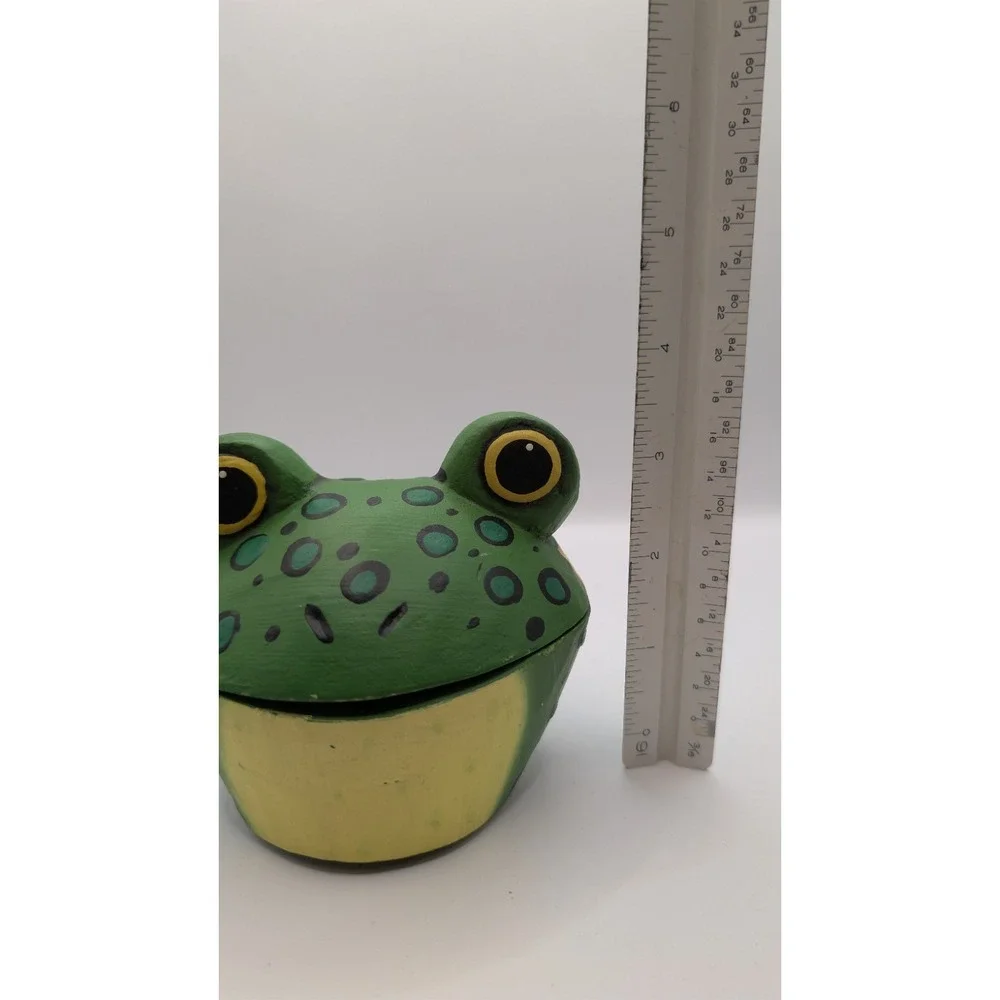 Vintage Hand Painted Wooden Frog Trinket Box Hinged Lid Storage Container